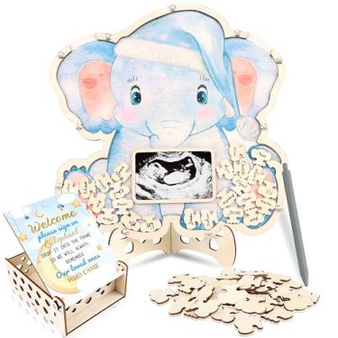 Imagem de JAPDNK Livro de visitas alternativas para chá de bebê Elefante - 63 peças de decoração de chá de bebê - Decorações reveladoras de gênero com caneta, lembrança de moldura de ultrassom para 60