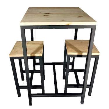Imagem de Conjunto de Bistrô e Banquetas de Ferro com Assento de Madeira Natural