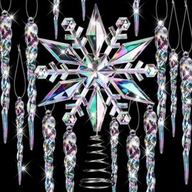 Imagem de Gejoy 37 peças de enfeites de árvore de Natal de cristal iridescente, enfeite de árvore de floco de neve iridescente, acrílico iridescente, enfeites de pendurar no gelo, para decoração de festas de