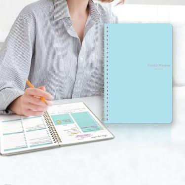 Imagem de A5 Caderno semanal de produtividade encadernado em espiral com layout em inglês para trabalho, estudo, escritório, agenda, 1 peça (azul)