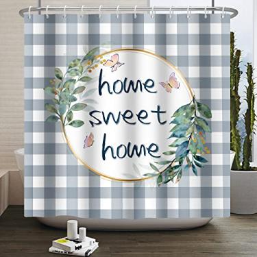 Imagem de Gary Grid Cortina de Chuveiro Home Sweet Home Folha Borboleta Cinza Grade Cortina de Chuveiro Aquarela Folhas Decorativas Cortina de Banheira 182 x 182 cm com Ganchos