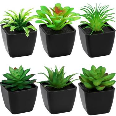 Imagem de Funzhan Pacote com 6 plantas suculentas artificiais em vasos pequenos com vegetação falsa realista em vasos pretos para decoração de escritório, mesa de Halloween, quarto, sala de estar, prateleira de