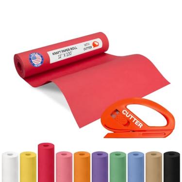 Imagem de Rolo de papel kraft vermelho 30,5 cm x 30,5 m com cortador - Papel de embrulho feito nos EUA para embalagem, mudança, envio e artesanato/artes - Material de artesanato natural 100% reciclável da IDL
