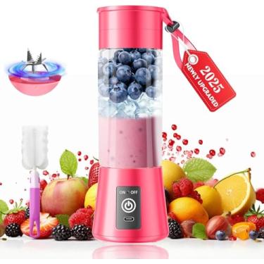 Imagem de Liquidificador de smoothie portátil pessoal sem fio – Mini liquidificador atualizado 2025 com 6 lâminas, recarregável tipo C, copo de suco de 370 ml, sem batidas, recém-espremido em viagens/esportes