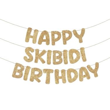 Imagem de Fulmoon Conjunto de 3 faixas pré-amarradas Happy Skibidi Birthday Banner Glitter Funny Gen Z Style Slang Birthday Party Supplies Gen Z Slag Party Decoration Sign Gift (champanhe)