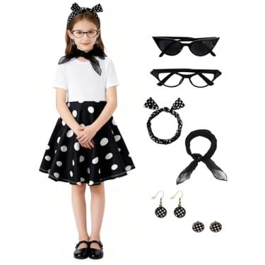 Imagem de bakjuno Vestido vintage para meninas anos 1950, retrô dos anos 50, fantasia de Halloween para festa de bolinhas, Preto, 10 Anos