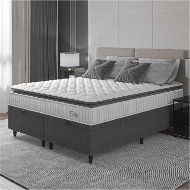 Imagem de Cama Box Baú Colchão Casal King Molas Ensacadas City Pillow Top 193x203x64cm Cinza Branco