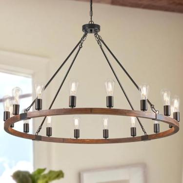 Imagem de Poemoon Lustre De Roda De Carroça De Fazenda Com 16 Luzes, Lustre Rústico De Madeira De 43,3'', Luminária Preta Redonda, Lustre Industrial Para Teto Alto, Sala De Estar, Sala De Jantar, Hall De Entr