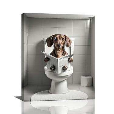 Imagem de Engraçado Dachshund Banheiro Arte de Parede Tela Preto e Branco Weiner Cachorro Weiner Decoração de Parede Animal Leitura de Jornais Imagens de Cachorro Banheiro Pintura Impressão Emoldurada