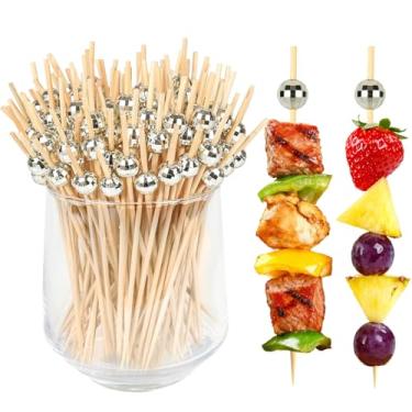 Imagem de 100 peças de palitos de coquetel decorativos de bola de discoteca prata com caixa forte, palitos de dente PEOUWNES de 4,7 polegadas para aperitivos, espetos de bambu chiques para aperitivos, bebidas