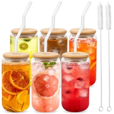 Imagem de Alotpower Copos de vidro com tampas e canudos de 473 ml, pacote com 6 copos de vidro com tampas de bambu e canudos de vidro, para café gelado, chá de bolhas, cerveja, conjunto de copos reutilizáveis
