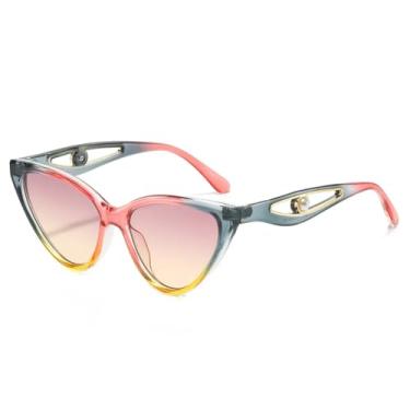 Imagem de HCHES Óculos de Sol Femininos com Armação Grande, Decoração com Pérolas, Proteção UV400, Design Patchwork em Cores Rosa e Amarelo