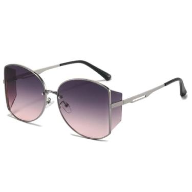Imagem de HCHES Óculos de Sol Femininos com Armação Grande, Redonda, Envolvente, Estilo Fashion, Proteção UV400, Metal (Cinza e Rosa)