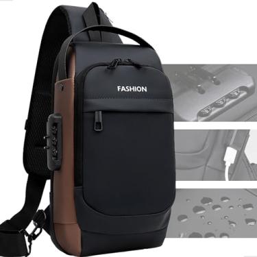 Imagem de Mochila Tiracolo Transversal Sling Bag Unissex Impermeável com Porta USB e Trava Anti‑Furto Pochete (Preto com Dourado)