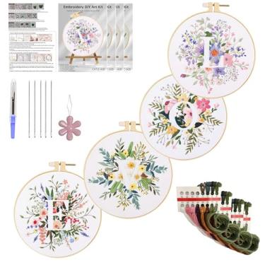 Imagem de Huacan Kits de bordado para adultos, iniciantes, 4 peças, flores estampadas, estampa de carta de amor, kit de costura faça você mesmo, 19 x 19 cm