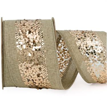 Imagem de LaRibbons Fita de serapilheira metálica dourada com glitter de 6 cm de largura, 2,5 cm de largura, marrom e dourada, para decoração de casa