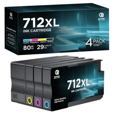 Imagem de Quark Cartuchos de tinta 712 712XL de alto rendimento compatíveis com cartuchos de tinta 712XL 712-XL para impressoras Designjet T650 T630 T230 T250 T210 (pacote com 4, preto 80 ml, 29 ml, ciano