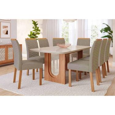 Imagem de Sala Jantar Mesa Valentina Curvo 210cm + 8 Cadeiras Clarice Cinamomo/Off White - Carvalho/Suede Joli Capuccino - Cimol