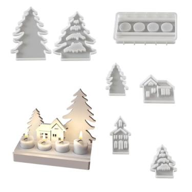 Imagem de Moldes de silicone para casas de Natal, 7 peças, molde de suporte de vela de Natal 3D para castiçais de gesso para árvore de Natal, enfeites de velas perfumadas