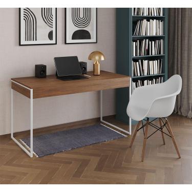 Imagem de Escrivaninha Home Office Estilo Industrial Amêndoa 137X53Cm Ferro Branco Com 1 Poltrona Branca