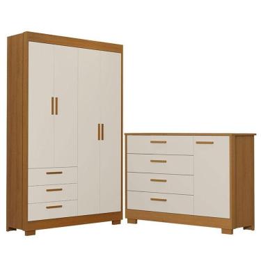 Imagem de Cômoda Com Porta E Guarda Roupa 4 Portas Infantil Zaki Areia Acetinado Savana - Reller
