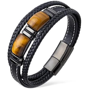 Imagem de VANFORWYN Pulseira masculina olho de tigre de couro trançado preto com proteção de pedra natural pulseira de aço inoxidável presente para ele, Large, Couro, Sem Pedra Preciosa