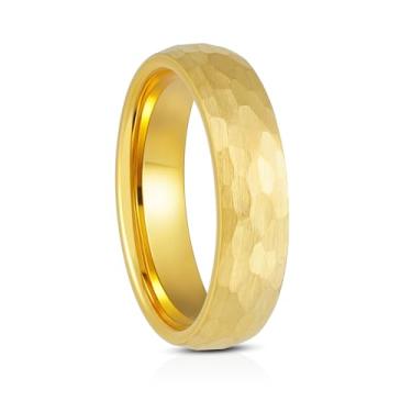 Imagem de SATAER Aliança de casamento de tungstênio de ouro martelado premium de 6 mm, 8 mm, para homens e mulheres, ajuste confortável, superfície texturizada escovada, tamanho 5-15, Carboneto de tungstênio