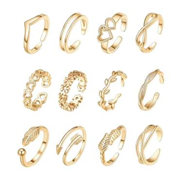 Imagem de 12 peças de anéis de dedo ajustáveis para mulheres, conjunto de anéis de dedo do pé da moda verão praia acessórios de praia, Metal, Sem pedra preciosa