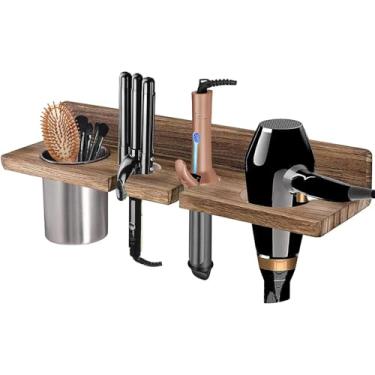 Imagem de QRZLP Organizador de ferramentas de cabelo para montagem na parede, suporte de secador de madeira com copo de aço inoxidável, suporte rústico para secador de cabelo, organizador de banheiro