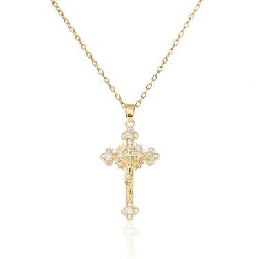 Imagem de Colar feminino delicado banhado a ouro 14 k com pingente de cruz de diamante não manchado moderno Dia de Ação de Graças Cristão Fé Religiosa Joias Presentes, Latão, Zircônia cúbica