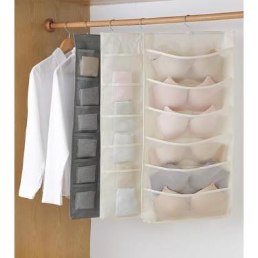 Imagem de Gancho organizador de lingerie dupla face, sutiã com 15 bolsos e armazenamento de calcinha para armário, economia de espaço, 5 camadas + organizador de roupa íntima de parede com 10 compartimentos