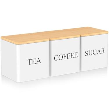 Imagem de Conjunto de 3 recipientes de café e chá, açúcar, 500 ml, chá, café, açúcar, conjunto de recipientes de cozinha vintage com tampas de bambu, potes de metal para armazenamento de alimentos de grande