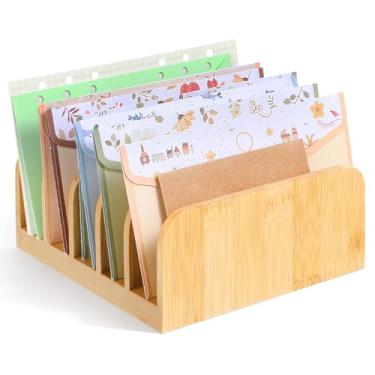Imagem de Meyeyaia Organizador de correio de mesa de bambu, 5 compartimentos, organizador de arquivos de bambu, organizador vertical de bancada para casa, escritório, revista, envelope de livros, papel, notas