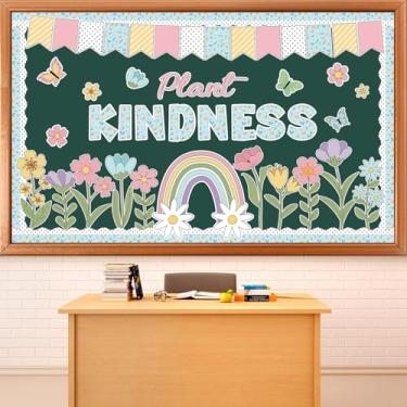 Imagem de Conjunto de quadro de avisos Plant Kindness Decoração de sala de aula floral azul primavera com recortes de flores azuis de primavera decoração floral de sala de aula recortes de flores arco-íris para