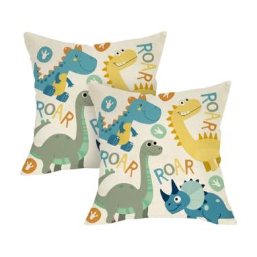 Imagem de Fjfz Lindas capas de almofada decorativas de dinossauro rugido 45,7 x 45,7 cm conjunto de 2, desenho animado dinossauro, quarto infantil, decoração de casa, berçário, bebê, sala de jogos, sofá, capa