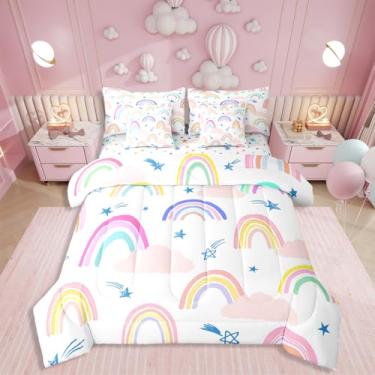 Imagem de Erosebridal Jogo de cama de casal com estampa de arco-íris com estampa de sol e nuvem em uma bolsa para crianças, meninas, adolescentes, mulheres, conjunto de edredom com listras iridescentes