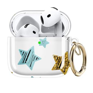 Imagem de Capa compatível com AirPods 4 2024 - Capa de TPU transparente com chaveiro dourado e carregamento sem fio (estrela)