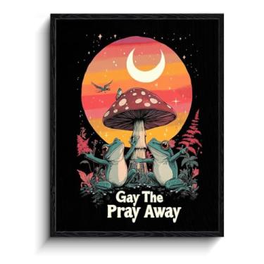 Imagem de WOXZQ Impressão artística de fantasia LGBTQ – Ilustração de lua de cogumelo gay the Pray Away – Decoração de parede de papel laminado de arte gay com moldura – Arte de sapo caprichosa para quarto