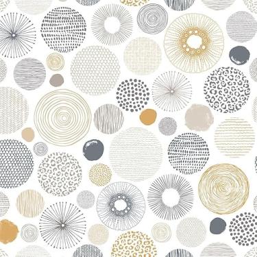 Imagem de MuralPeel Papel de parede moderno, cinza, amarelo, geométrico, círculo, retrô, autoadesivo, removível, fácil de descascar, colar na parede, papel de parede para locatário de armário de quarto