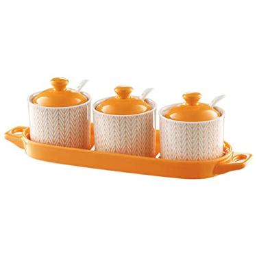 Imagem de Açucareiro azul com tampa, pote de armazenamento de açúcar, pote de açúcar, pote de tempero, pote de sal de açúcar, recipiente de tempero vermelho-3 conjuntos de frascos de especiarias (cor: laranja