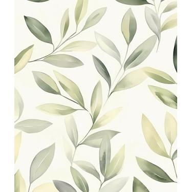 Imagem de Papel de parede vintage de folhas descascar e colar, papel de contato com folhas de eucalipto verde/amarelo/bege, papel de parede botânico, autoadesivo, removível, impermeável, para prateleiras de