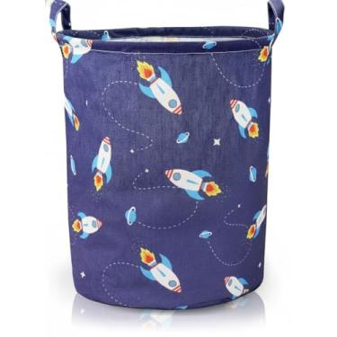 Imagem de Cesto de Roupa Infantil com Estampa de Foguetes, Organizador de Brinquedos em Tecido Azul Marinho, Decoração Espacial para Quarto de Criança