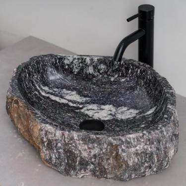 Imagem de MIDUSO Pia de embarcação de pedra irregular 100% feita à mão; pia de pedra real; pia de embarcação exclusiva; acima do balcão; pia de rocha de rio; banheiros rústicos de pias; Irre RiverStone 341