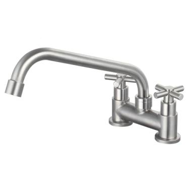 Imagem de UMANYI Bar pré-torneira 2 furos 10 cm Deck Mount Utility Lavatório Torneira de Lavandaria Aço Inoxidável 2 Alças Arco Baixo RV Mini Torneira de Pia de Cozinha SSKF10-1B