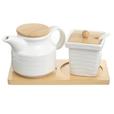 Imagem de Conjunto de açúcar e creme de cerâmica com bandeja, jarra de creme de 340 g, tigela de açúcar de 212 g com tampa e colher, conjunto de servir café para cafeteria, cozinha doméstica (2, branco)