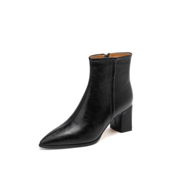 Imagem de TinaCus Bota feminina de couro legítimo, bico fino, feita à mão, com zíper lateral, salto grosso, cano médio, Preto, 43