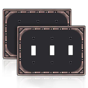 Imagem de Pacote com 2 capas para interruptores de luz triplos, placas decorativas de metal bronze polido a óleo, placa de parede de 3 grupos para interruptor de luz - estilo retrô clássico