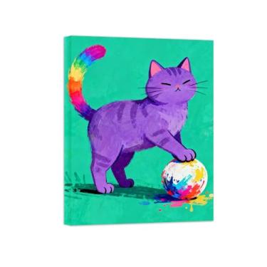 Imagem de Animais Pintura Arte Parede - Gato Roxo - Impressões em tela - Moderno Colorida Pôster para decoração sala de estar 30x40cm Tela Embrulhada