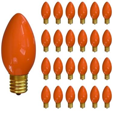 Imagem de Lâmpada laranja C9, pacote com 25 lâmpadas incandescentes de cerâmica laranja para luzes externas C9, árvore de Natal, iluminação de Halloween, base de candelabro C9/E17, 7 watts