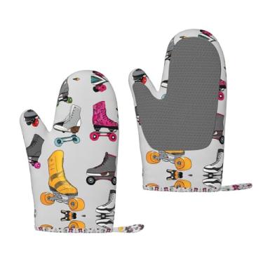 Imagem de Patins de rolo coloridos retrô - Luvas de forno de silicone resistentes ao calor estampadas - aderências antiderrapantes, churrasqueiras e uso na cozinha (pacote com 2)